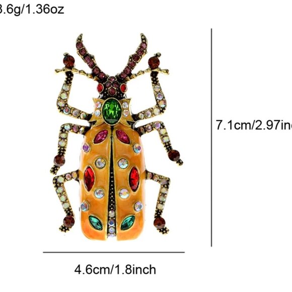 Big beautiful rhinestone adorned Beetle Brooch in Tangerine Orange enamel - Picture 2 of 2